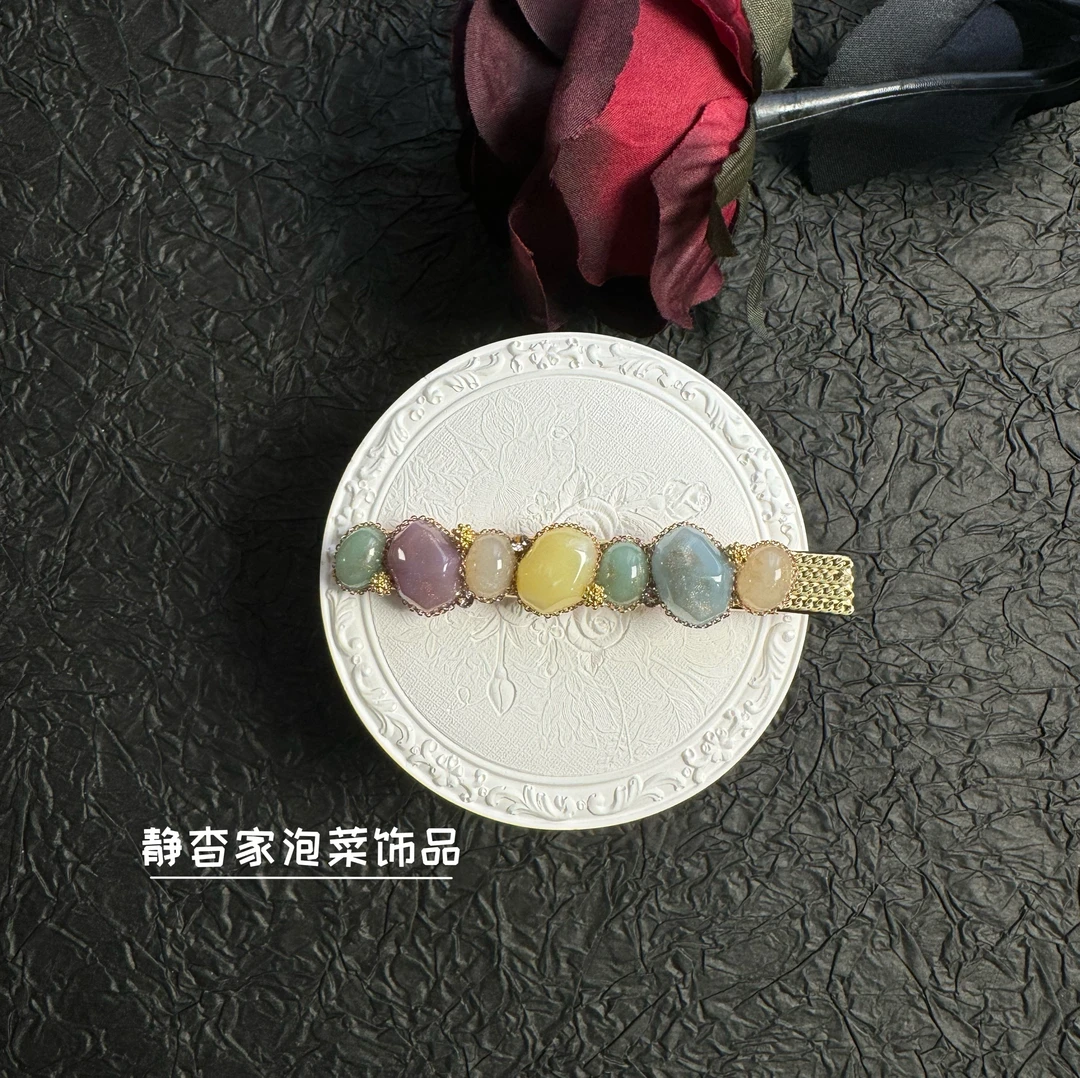 静杳家韩国手工进口彩色原石发夹鸭嘴夹边夹复古小众设计师款女