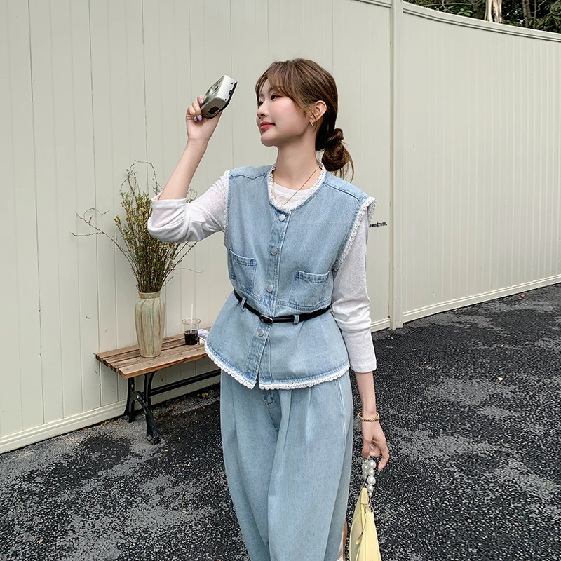 蕾丝拼接收腰牛仔马甲阔腿裤套装女春秋减龄又a又飒三件套设计感