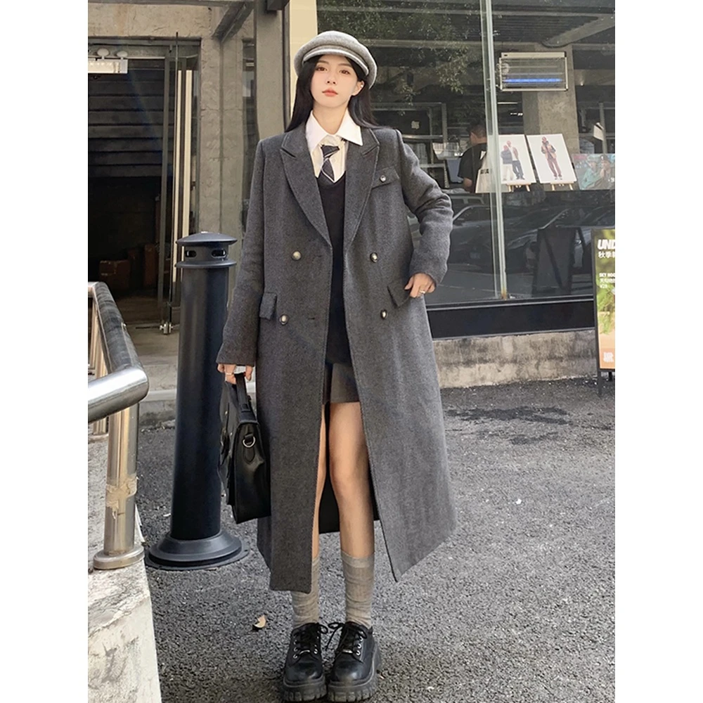 复古人字纹显瘦大码宽松中长款夹棉毛呢大衣西装领女装