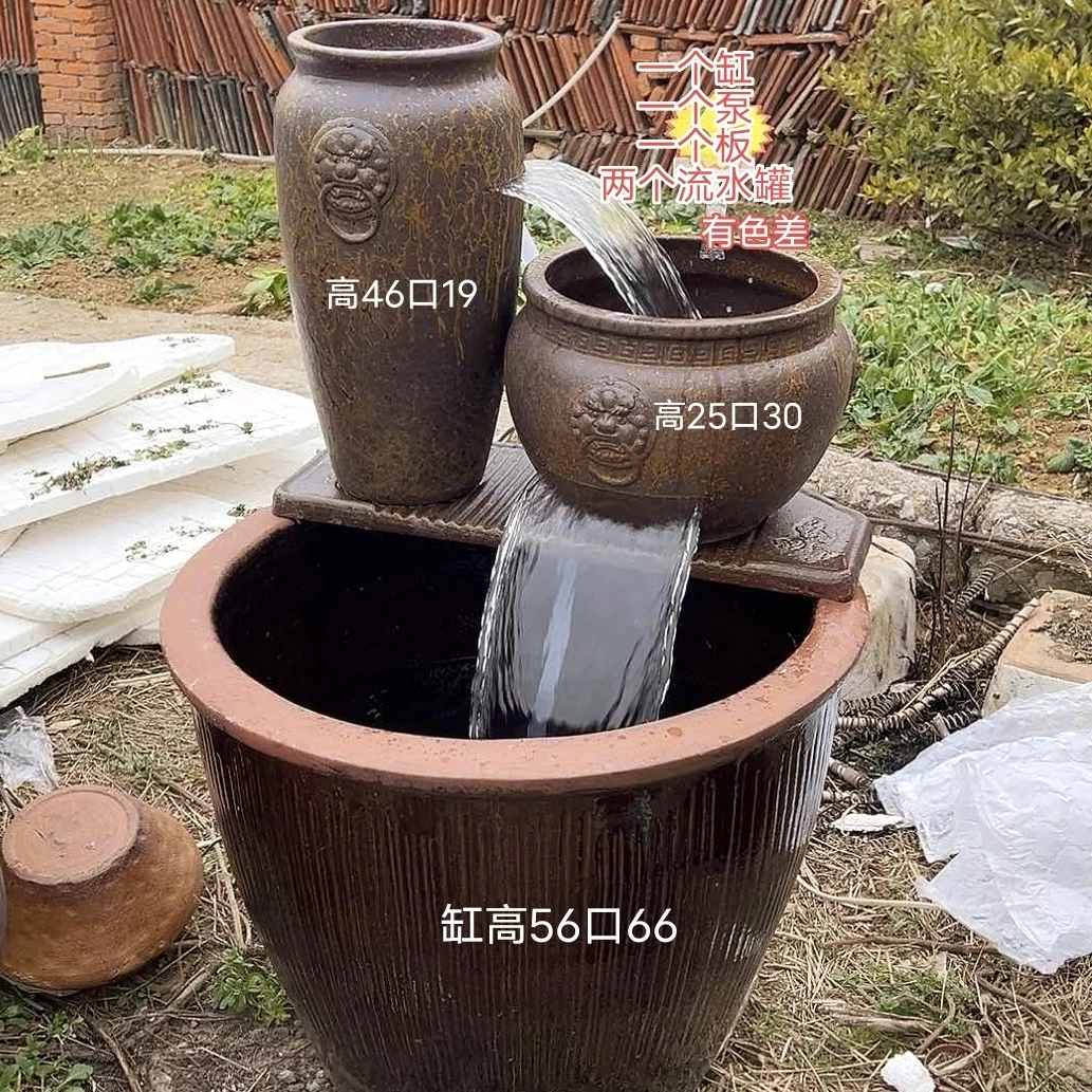 流水搭配鱼缸（三个狮子头款一个缸一个泵一个板两个流水罐）流水