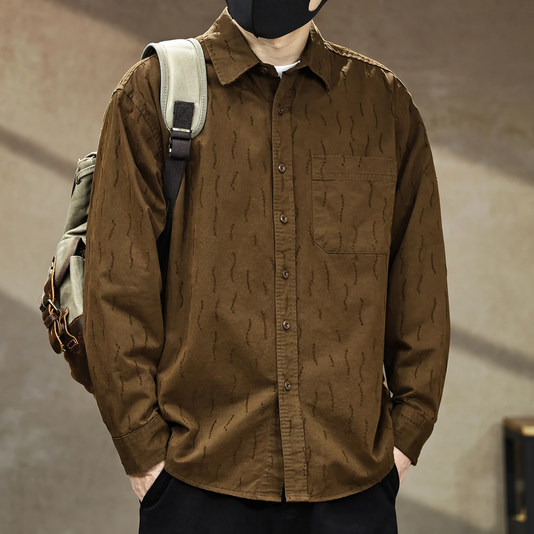 高端美式设计感纯棉镂空长袖衬衫男秋季新款复古休闲工装衬衣外套