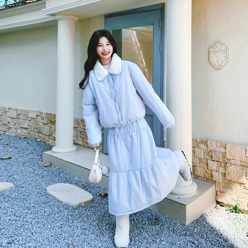奶呼呼蓝色棉服套装裙女2025冬季新款加厚显瘦INS风少女风两件套