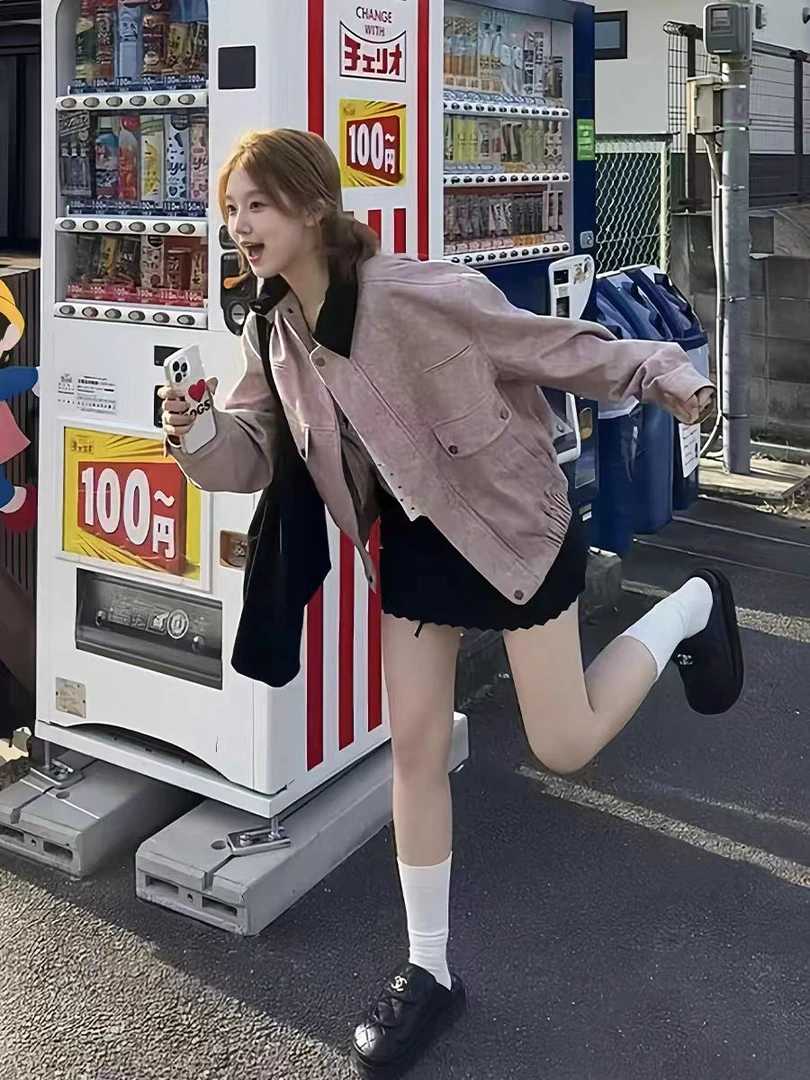 【嘉人有约】玫瑰茶渍巴恩风两色拼接领外套女宽松廓形口袋显瘦上衣