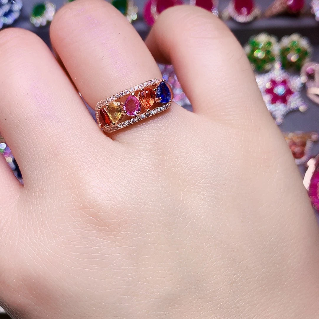 戒指彩色蓝宝石银S925镶嵌翡*