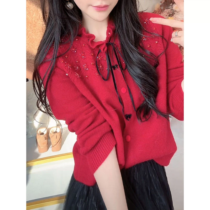 法式甜美烫钻木耳边系带针织开衫女2025秋冬蝴蝶结新年红色毛衣潮