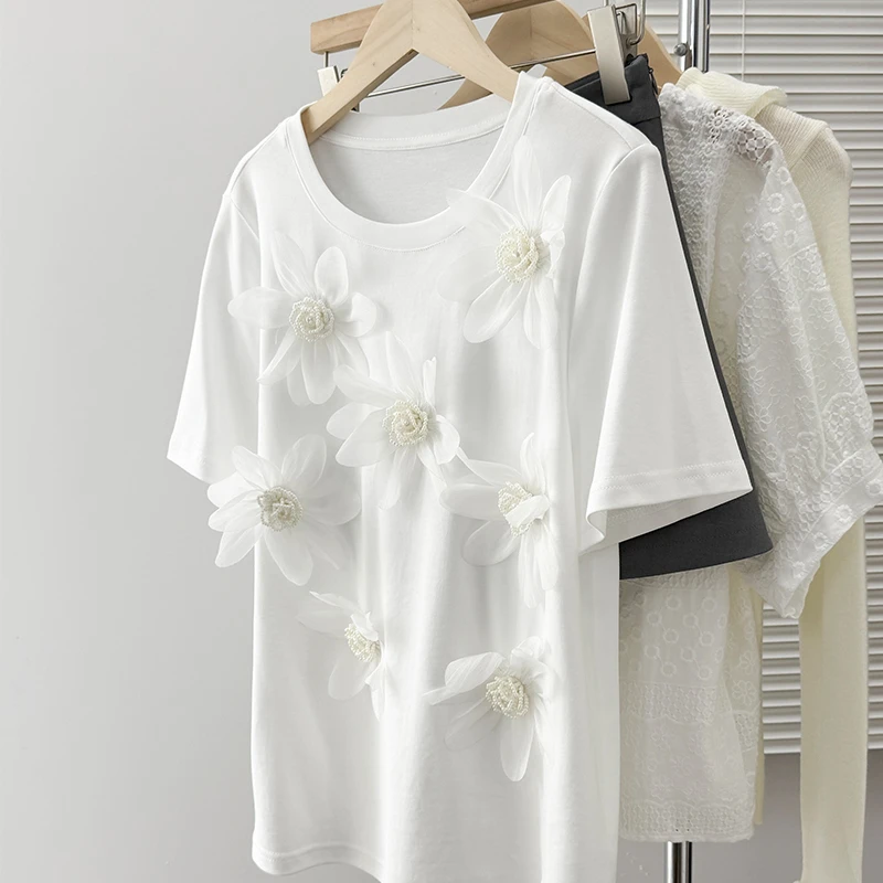 重工花朵圆领T恤2025春夏新款韩版宽松显瘦纯色钉珠直筒短袖上衣