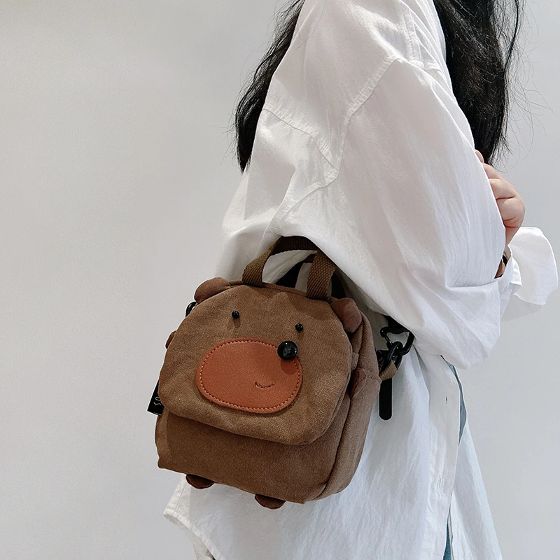 三色补丁小棕熊方块挎包女甜酷百搭可爱小包包卡通学生单肩斜挎包