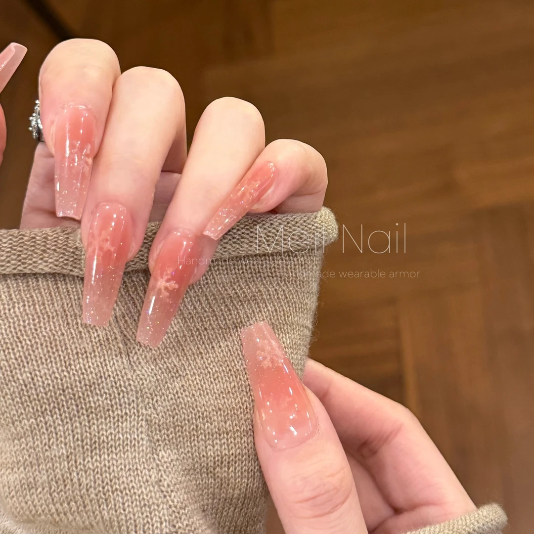 Meil Nail 裸色渐变纯欲风冰透雪花纯手工穿戴甲可拆卸ML7701