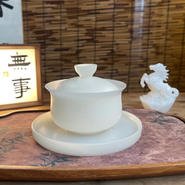 冰种璞玉悬停旋转布袋盖碗家用白瓷带盖茶碗茶具陶瓷防烫泡茶碗