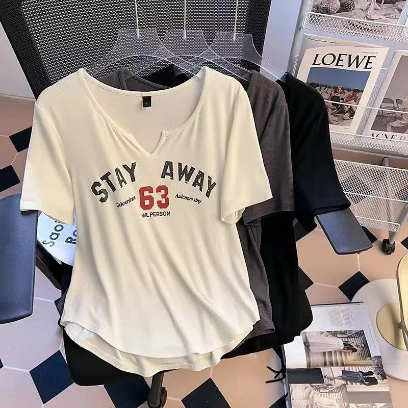 1110 夏季新款设计感显瘦遮肚韩版女装V领短袖T恤上衣