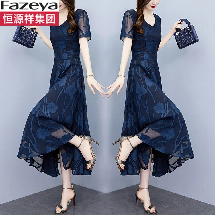 恒源祥集团彩羊提花雪纺连衣裙长款夏季新款妈妈大码收腰显瘦遮肚