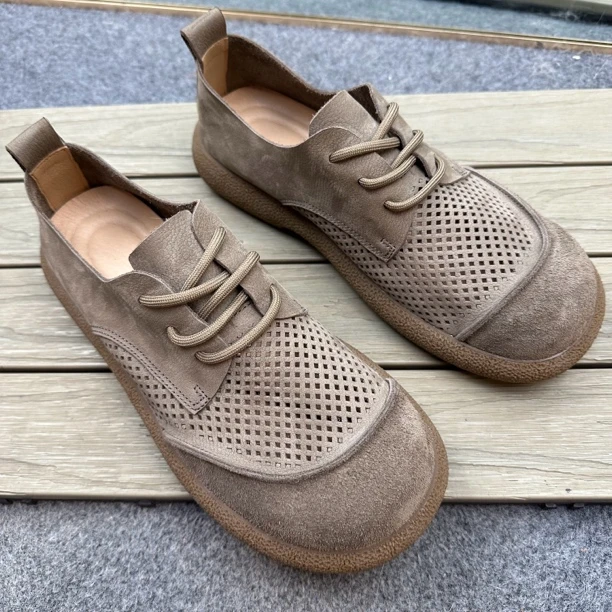 头层牛皮休闲男2025新款夏季镂空肥胖宽脚大头鞋真皮透气软底皮鞋