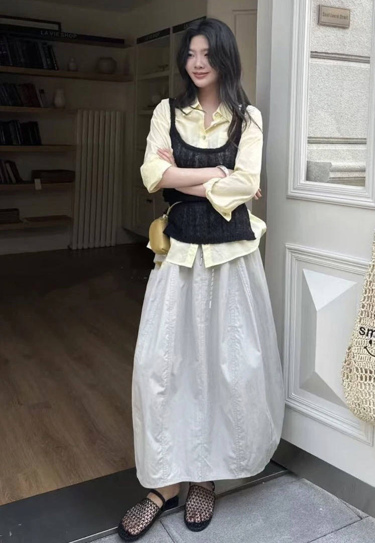 2025夏季女士拼接简约南瓜裙法式时尚舒适显瘦休闲半身裙-7H9953