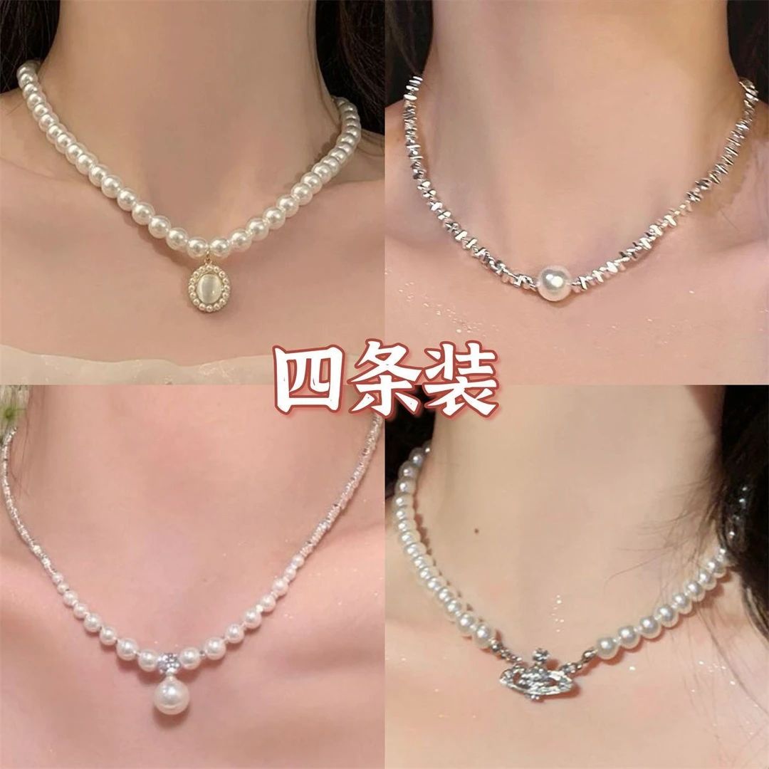 合金项链 甜美蝴蝶结贝珠项链女ins小众设计感气质碎银子锁骨链