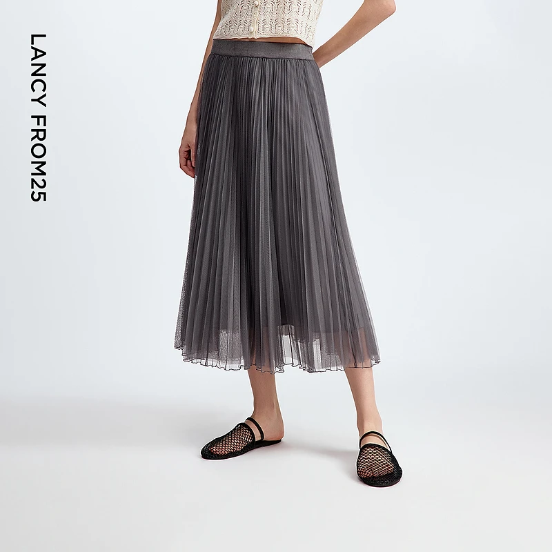 朗姿a字百褶裙网纱大摆气质通勤垂感高级感半身裙2025年秋季新款