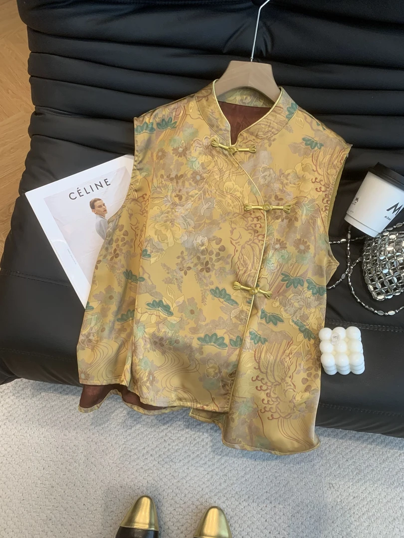 2025夏季新款新中式国风复古提花盘扣无袖衬衫女宽松显瘦气质上衣