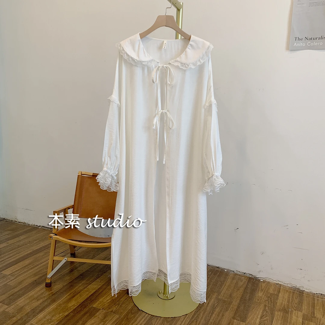 C3703娃娃领蕾丝花边系带防晒宽松连衣裙