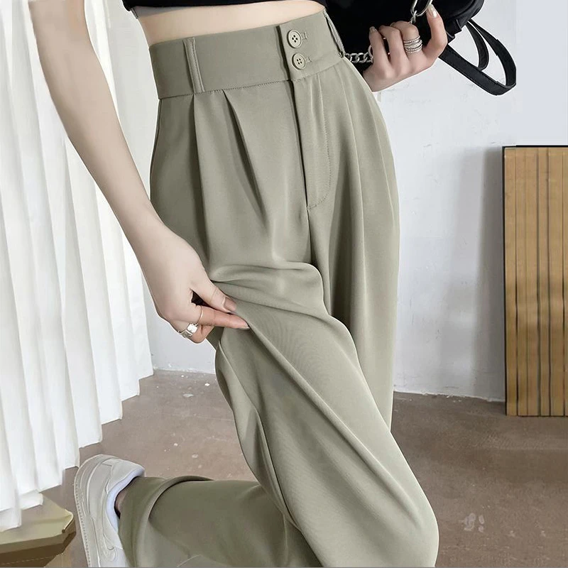 芝越（现货带险）冰丝夏季双扣豆绿西装裤女高腰垂感直筒拖地阔腿裤