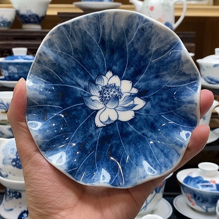 手绘蓝莲花壶承13釉下彩高温瓷微瑕福利款