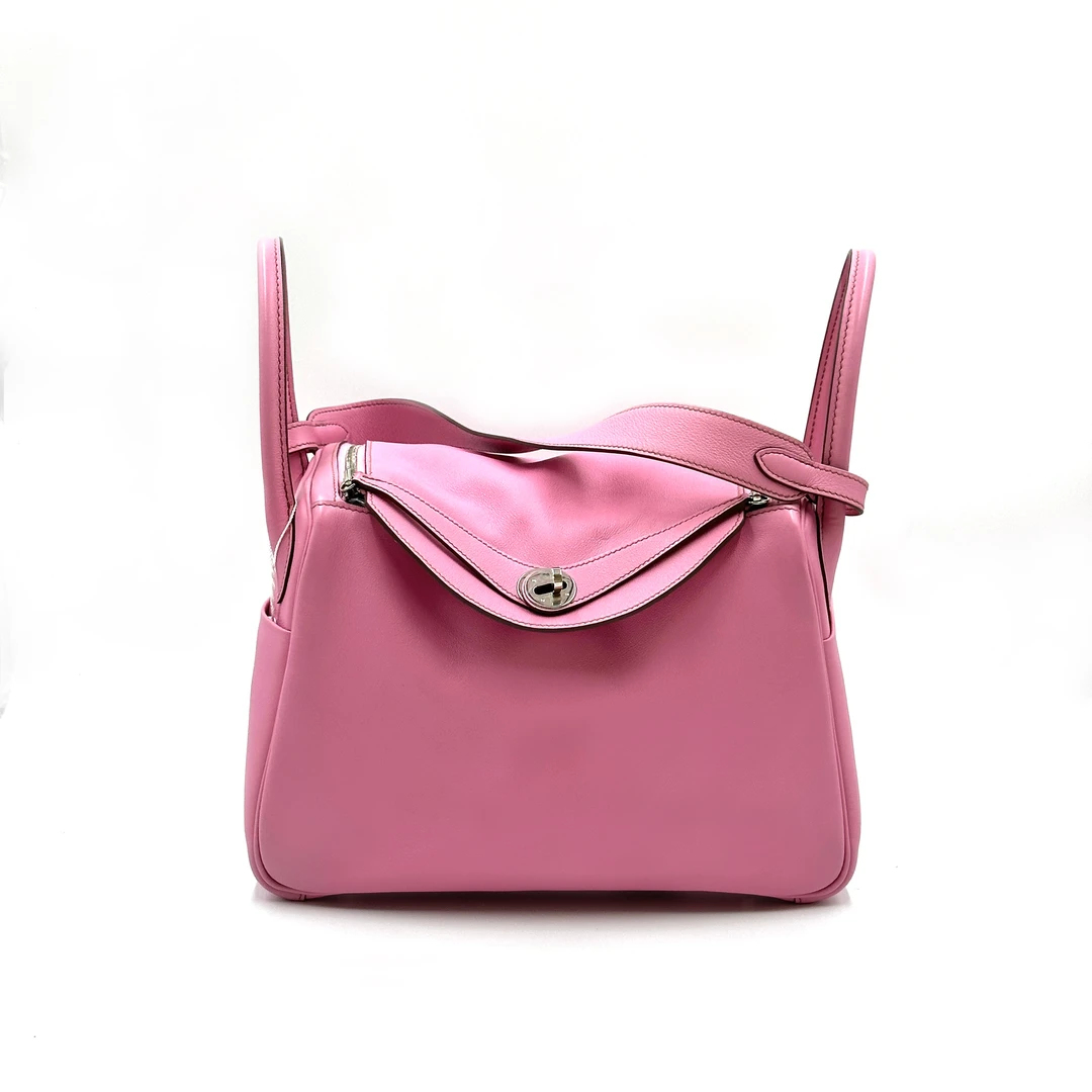 95新 Hermes/爱马仕 阿古叔叔/Lindy30 樱花粉银扣 框n刻 sw皮