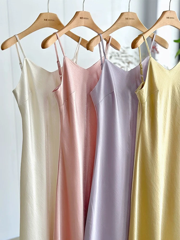 醋酸新中式吊带连衣裙收腰吊带裙女士百搭打底外穿宽松春夏纯色