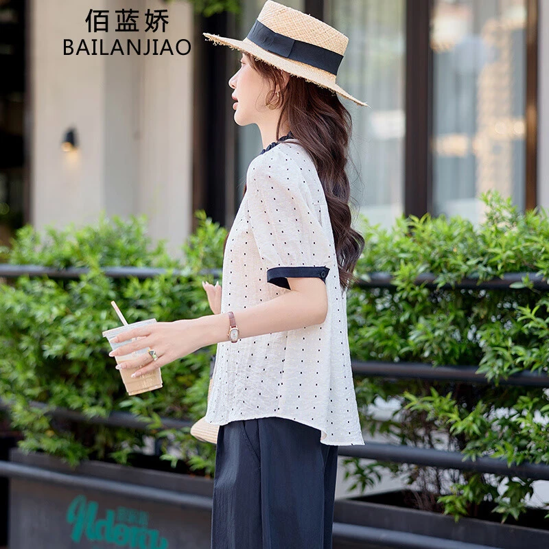 法式复古波点短袖衬衫女夏季2025新款时尚气质轻薄通勤上衣小衫