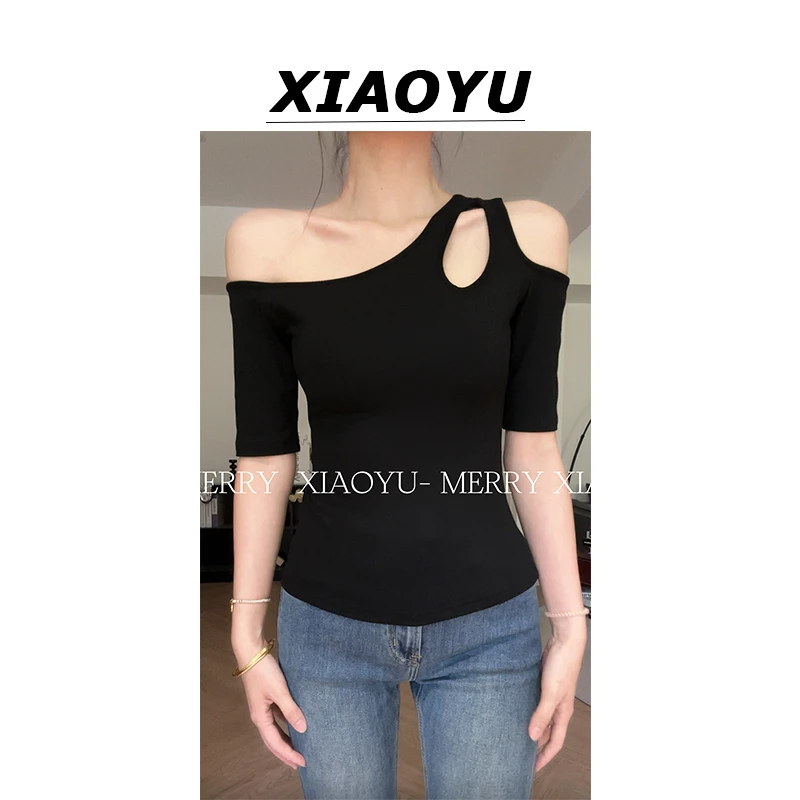 小鱼【解构辣妹】小众镂空露肩短袖T恤女夏季新款设计感显瘦上衣