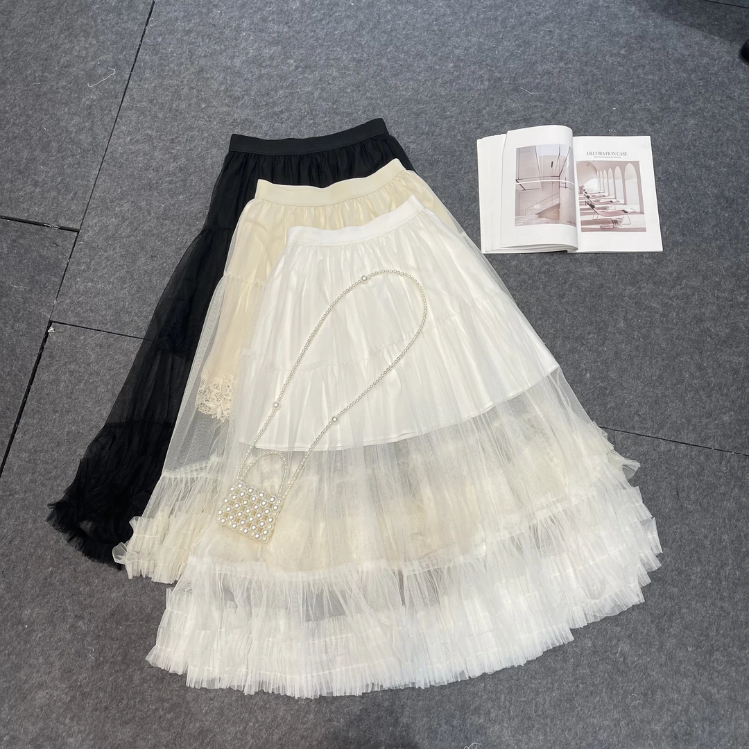 【南油张贝贝】25S新款小众设计感高腰显瘦遮肉网纱拼接半裙252017