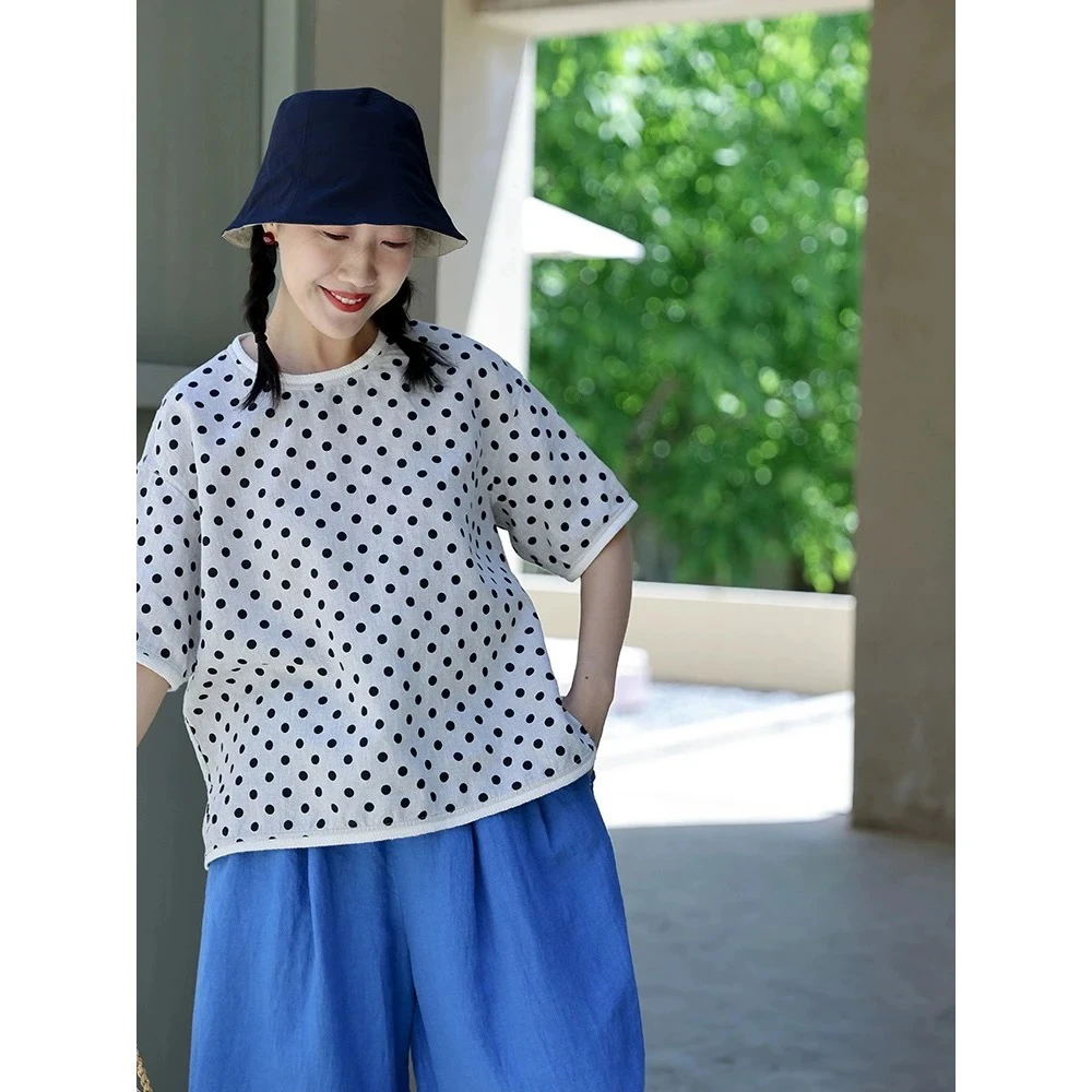 夏季雨露汉麻波点短袖衬衫圆领百搭显瘦透气舒适宽松上衣24109