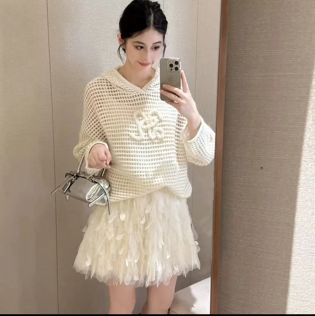 深圳南油2025新款女装时尚百搭设计感针织衫连帽字母绣花宽松上衣