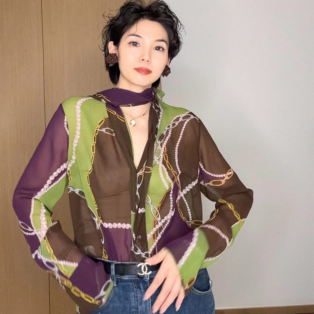 Daily Romance25春优雅贵气珍珠与链条飘带衬衫