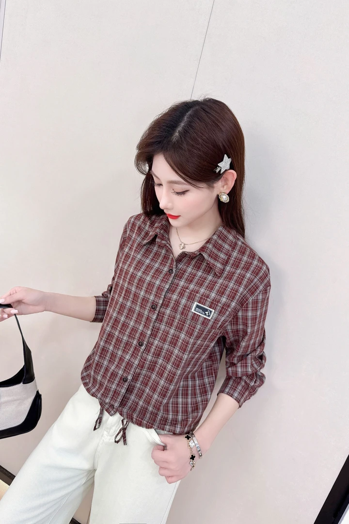 8507#秋季新款长袖衬衫简约格子短款上衣宽松女装气质百搭衬衣