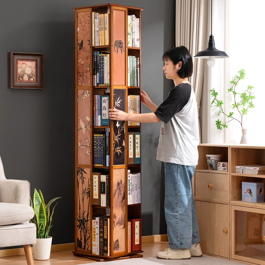 旋转书架360度落地置物架书柜子中古风家用储物一体靠墙儿童客厅