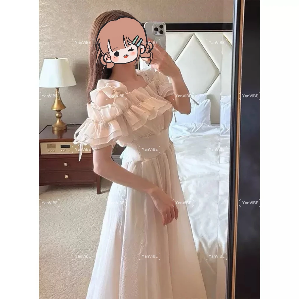 GR 漏肩荷叶边蝴蝶结松紧腰连衣裙