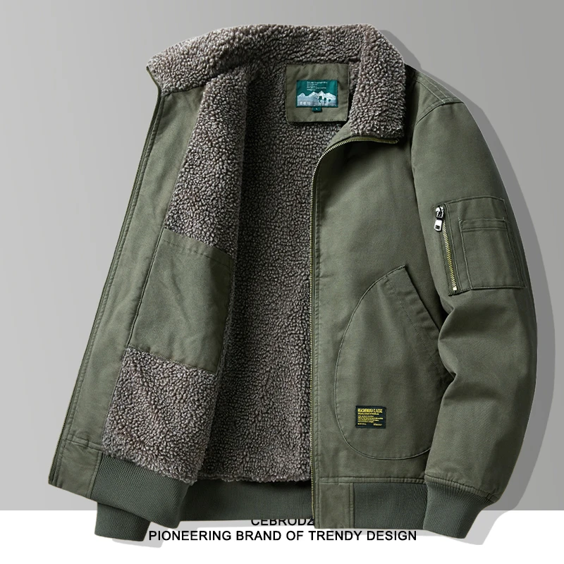 法国Cebrodz秋冬季男士加厚保暖宽松美式翻领夹克休闲羊羔绒外套