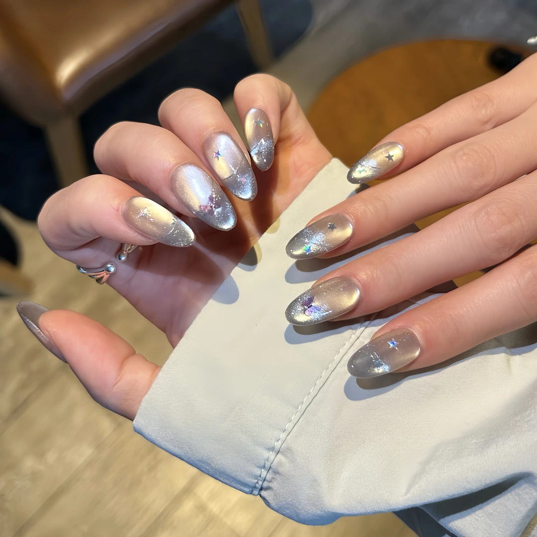 【白月梵星】蓝珊手工穿戴甲爆闪绵密渐变蓝猫眼海灵显白高级百搭