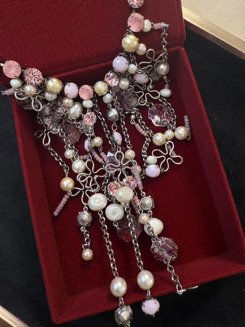 铜合金项链 南法粉莱茵石瀑布项链时尚气质长链[中古正品]520