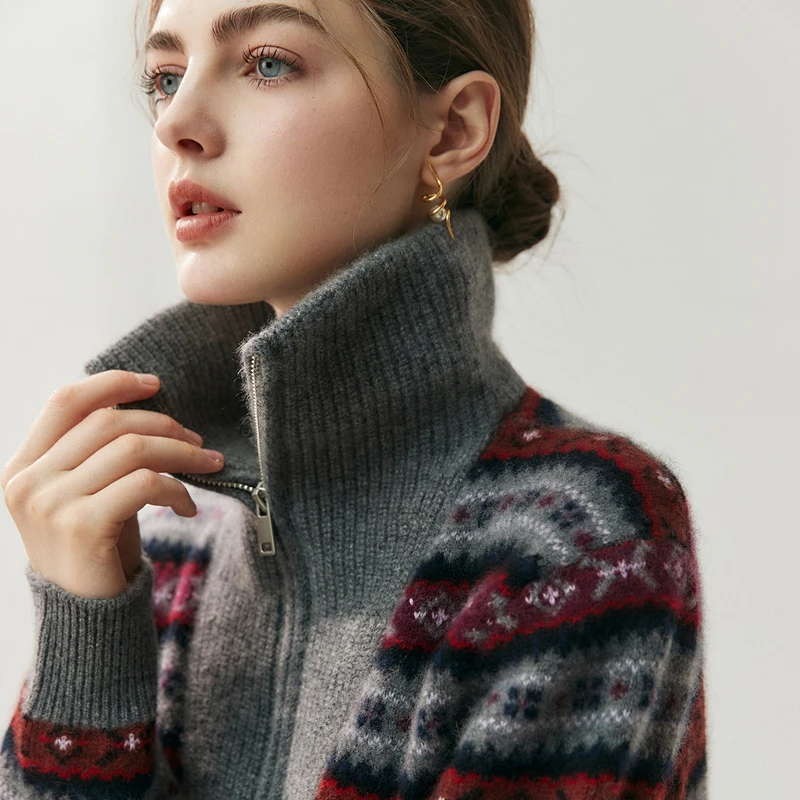 羊范LP同款山羊绒嵌花针织上衣女士高领半拉链套头慵懒风加厚上衣