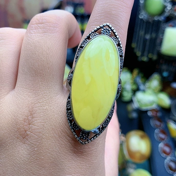 琥珀裸石银S925镶嵌戒指