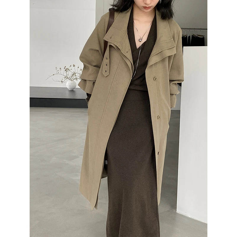 江左 晚秋 卡其色设计感英伦风廓形中长款风衣外套女高级感