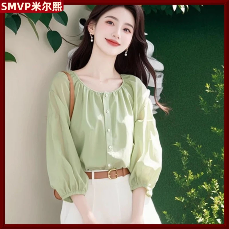 I薄荷曼波早秋超仙时尚洋气优雅女神范炸街减龄遮肉年轻圆领衬衫1