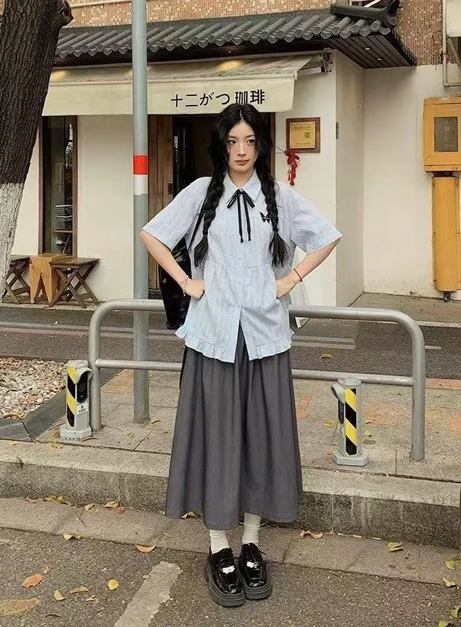 大码学院风套装微胖mm夏季短袖衬衫半身裙两件套9373#
