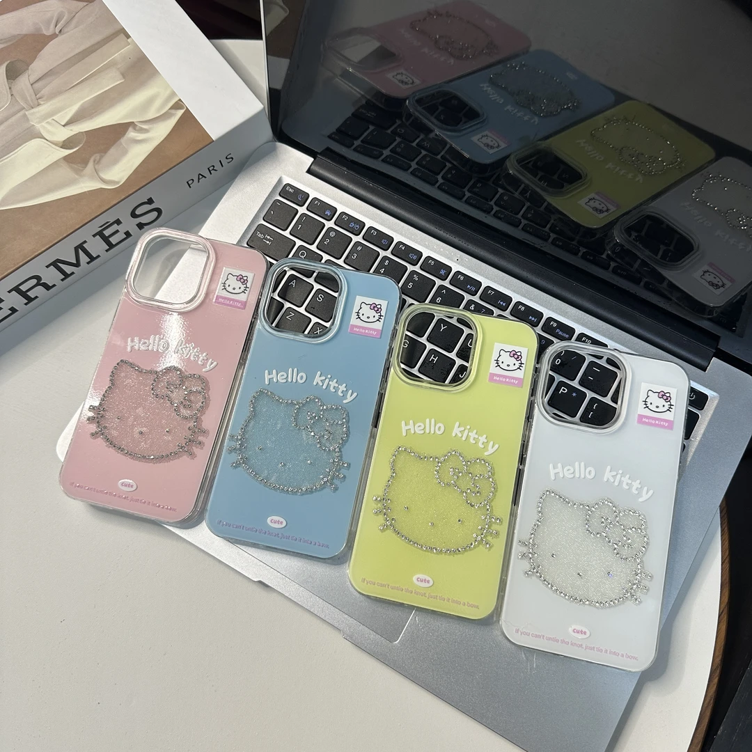 简约英文闪钻Kitty猫适用iPhone16大孔手机壳华为viv小米oppo套