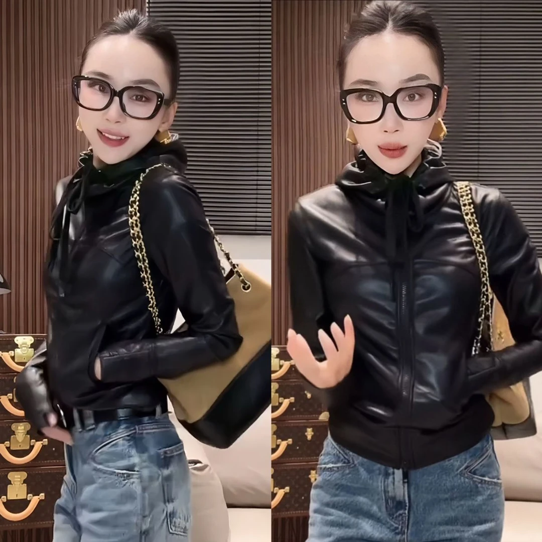 2025早秋穿搭新款皮衣连帽蛋白皮短外套绝美巨好看修身双拉链上衣