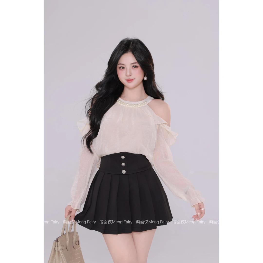 现货萌面侠【京都贵女】星星纱雪纺衫上衣高腰半裙套装6348M6343M