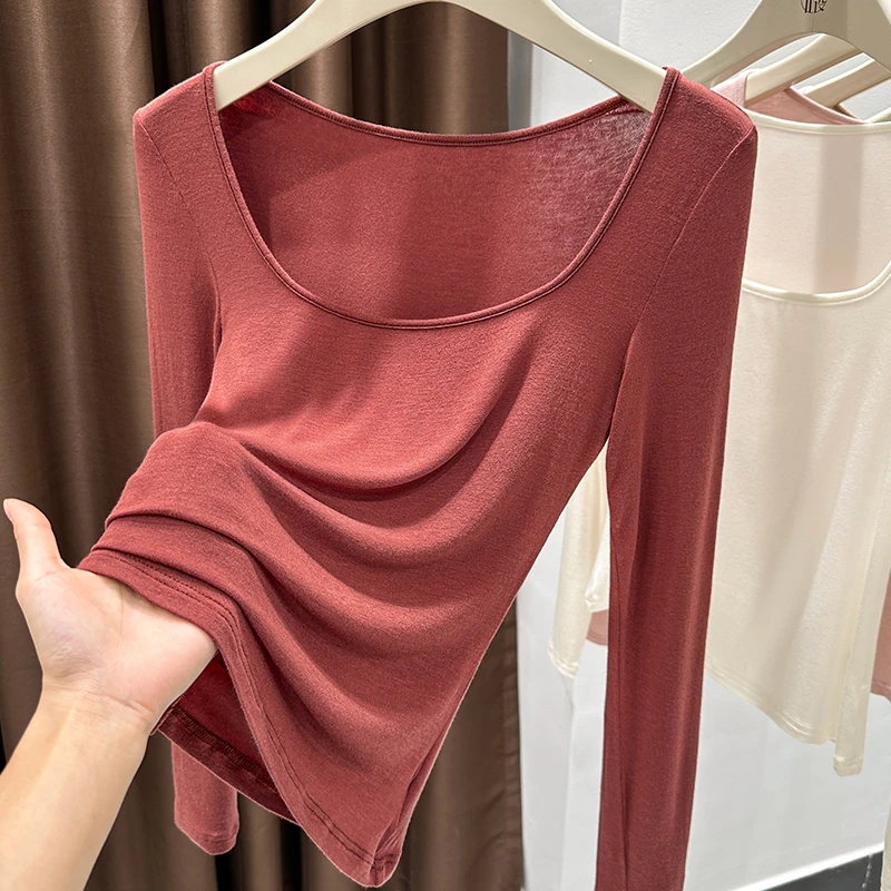 纯色超弹皮肤衣秋季百搭大方领长袖上衣女2025爆款洋气T恤打底衫