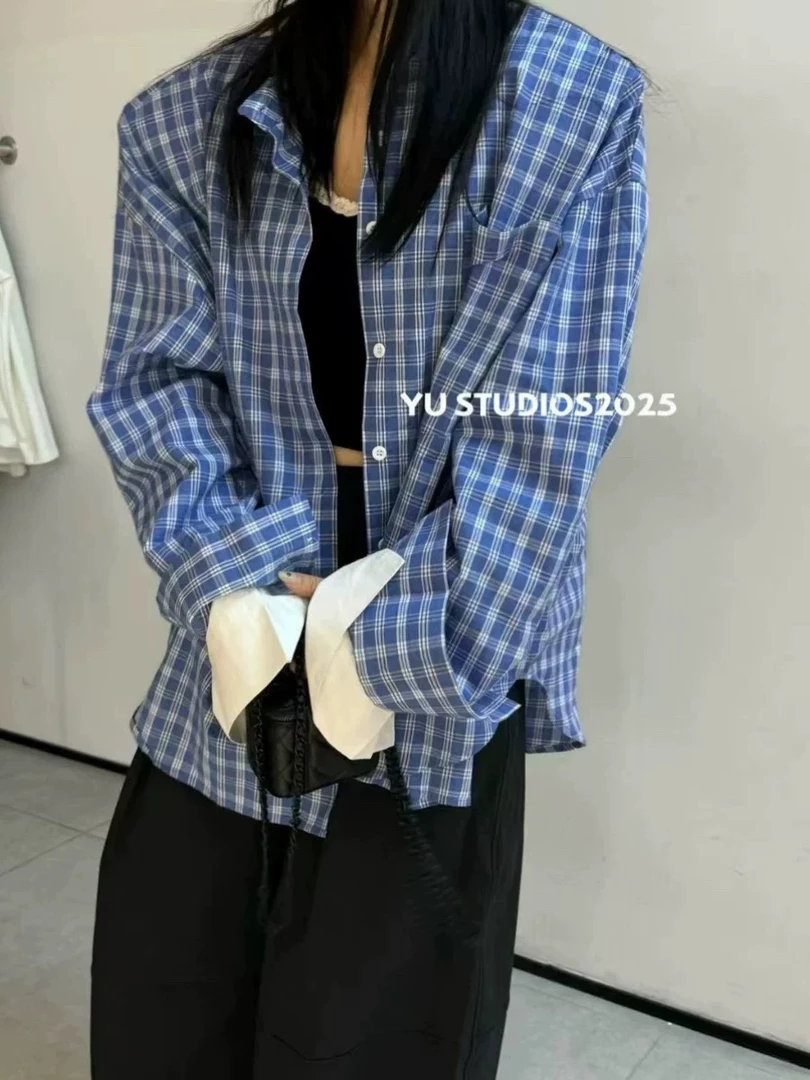 小众韩版休闲百搭复古格子撞色衬衫长袖女宽松女时尚um小店