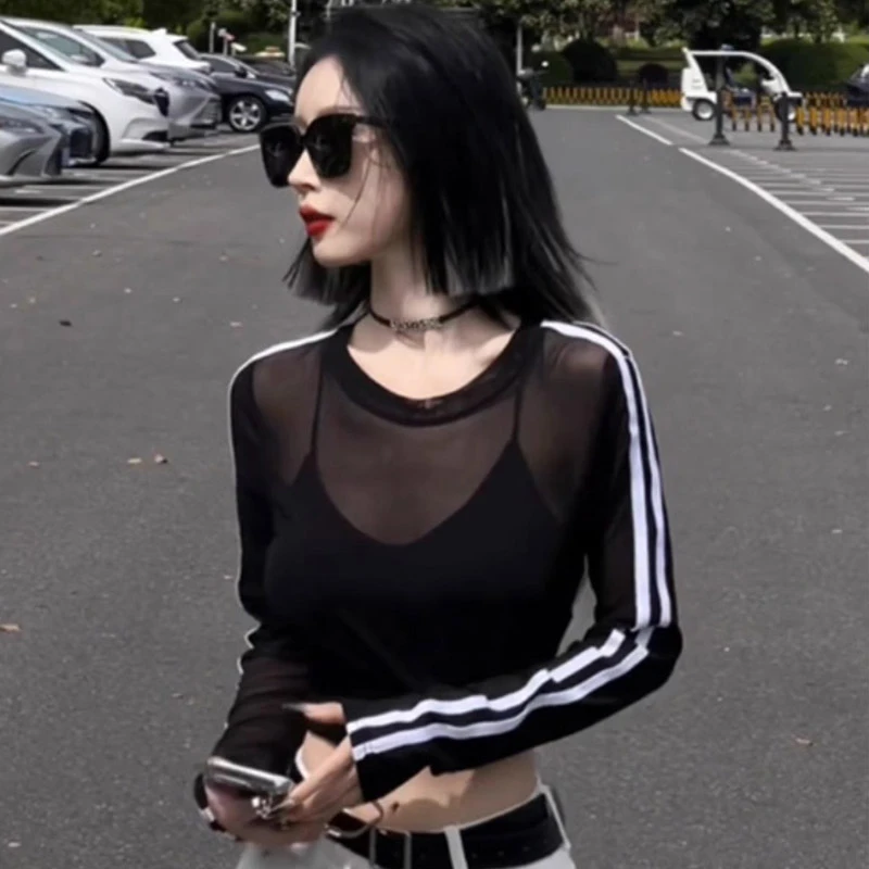薄款纯欲微透网纱防晒衣女2025夏季新款洋气辣妹短款长袖T恤上衣