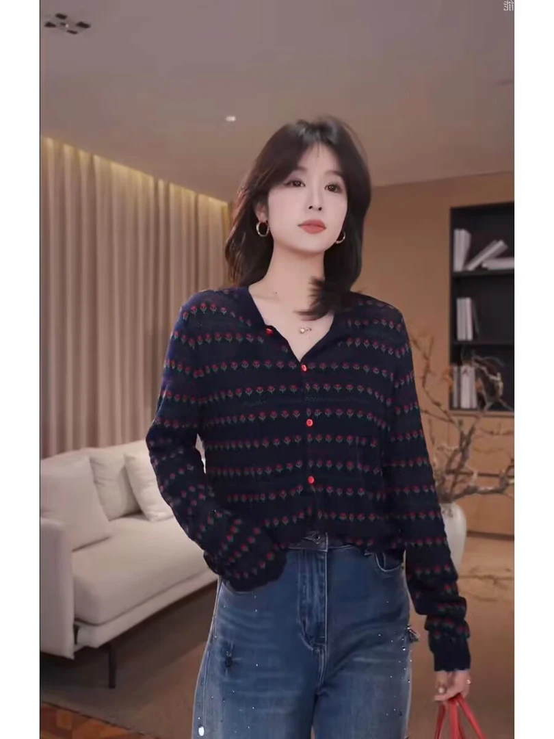 提花织韵时尚条纹针织衫女新款秋季开衫外套小香风显瘦高级感上衣