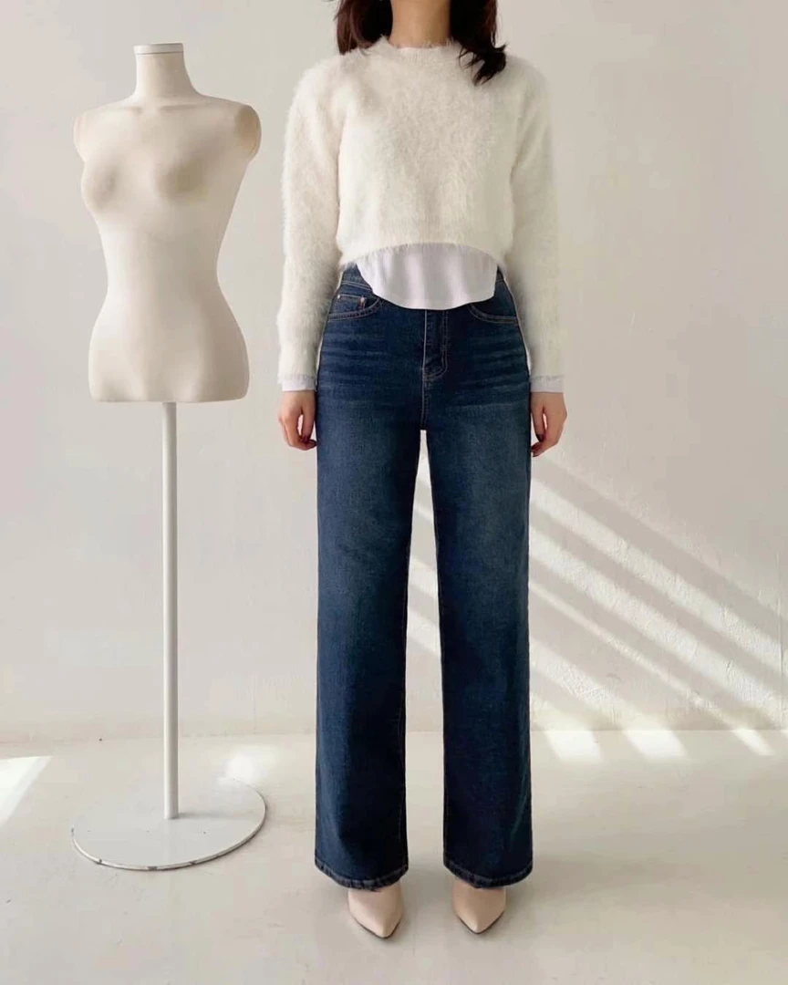 月花洞韩国正品秋冬#1065加绒显瘦直筒阔腿牛仔裤百搭(101cm)